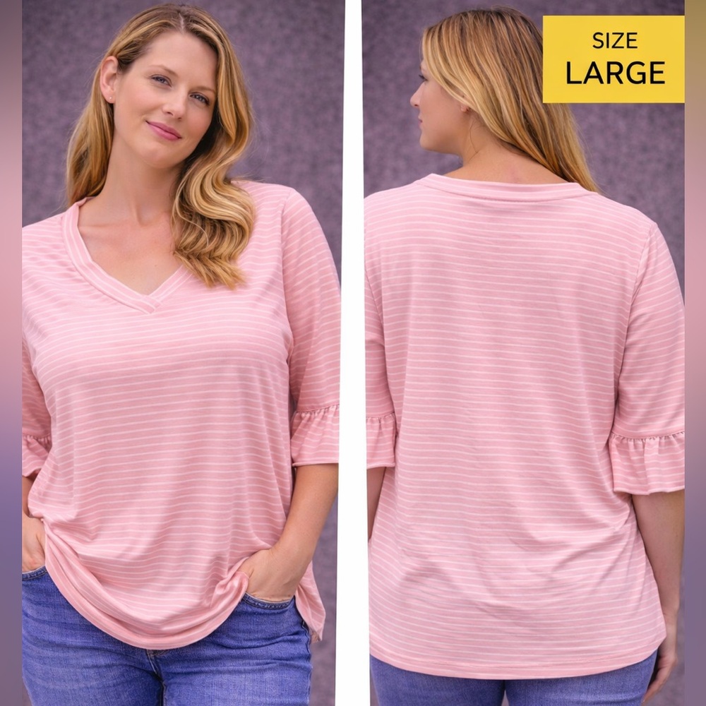 Pink Striped V-Neck Ruffle Sleeve Top LARGE